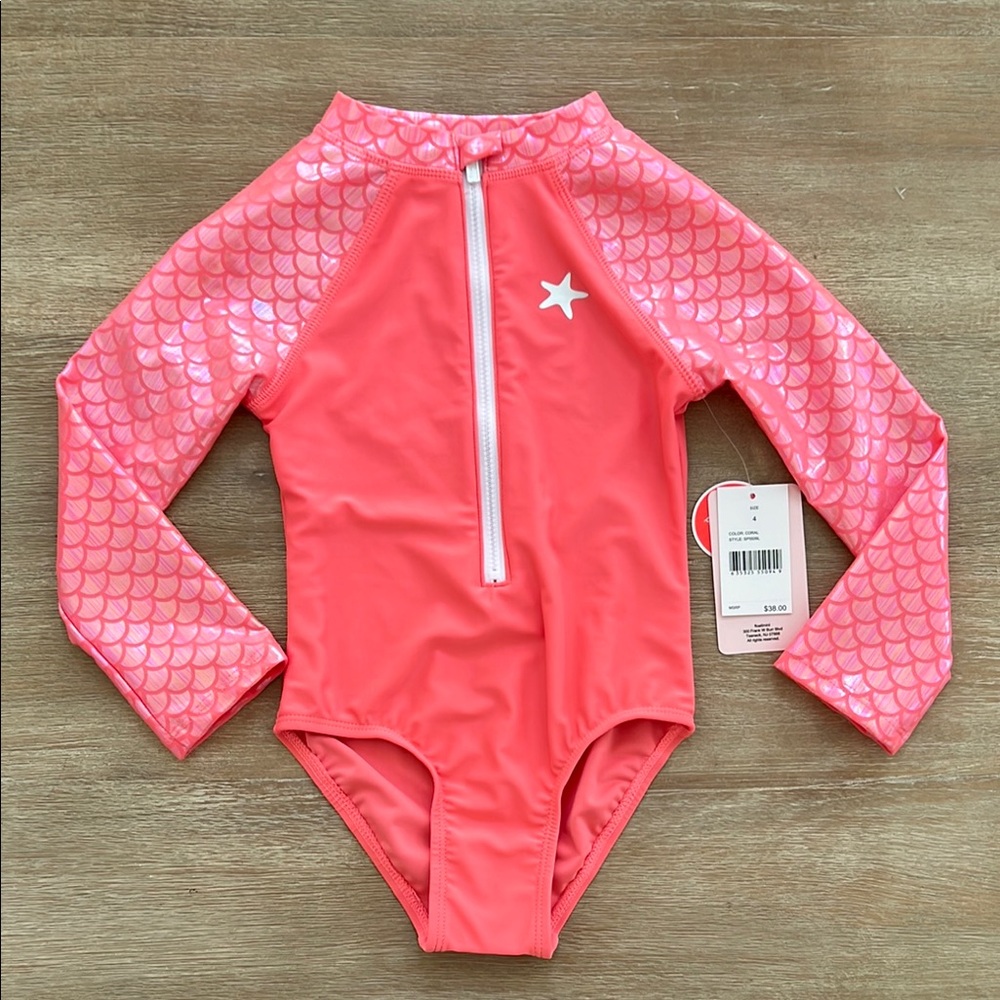 Floatimini Girl One Piece Swimsuit Mermaid Rash guard Neon Pink Coral 5